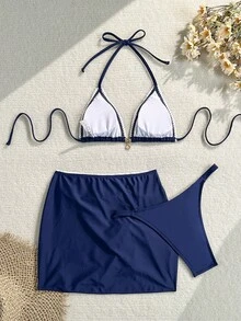 Swim SXY 針織掛脖綁帶金屬吊墜比基尼上衣與迷你裙 3 件套 - 藏蓝色 - 查看 5