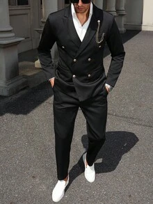 Manfinity Mode 男士雙排扣西裝外套與長褲兩件套，商務宴會正式西裝 - 黑色 - 查看 4