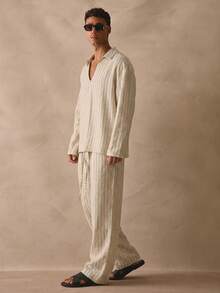 Musero Sold As One V Neck Long Sleeve Shirt Wide Leg Trouser Pant Striped Set Spring Summer Essentials - Apricot - View 2