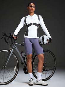 Powerista  Women's Letter Print Contrast Color Zipper Collar Long Sleeve Cycling Jersey White Workout Jacket Long Sleeve Zip Up Rashgaurd Women Compression Long Sleeve Women Rashguard Swimsuit Women Cycling Clothes Women Active Comfy Workout Gym Running Run Clubpadel, Tennis, Pickleball Yoga Pilates Fitness Daily Casual  Summer All Season - White - View 4