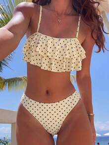 Swim Mod Women's Summer Beach Polka Dot Spaghetti Strap Bikini And Triangle Bottom Two-Piece Swimsuit Set - Pale Yellow - View 1