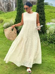 Dazy Plus Lace Long Dress Vacation Style Sleeveless Elegant Spring Summer Plus Size Women Dress - Apricot - View 3