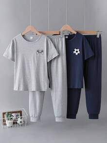 Boys' 4-Piece Loungewear Set: Simple Gentleman Plaid Short Sleeve Solid Color Pocket Top + Holographic Game Console Short Sleeve Long Pants - Multicolor - View 3