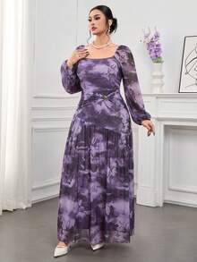 Modelyn Rochie elegantă pentru femei mărimi mari, tie-dye, cu decolteu pătrat, mânecă lanternă, talie și decorațiune metalică - Violet - View 7