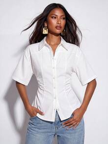 Normani Women's All White Fitted Shirt Short-Sleeved Top Stylish Versatile Summer Piece Back-To-School Everyday Commuter Modest Elegant Office Teachers' Day - White - View 1
