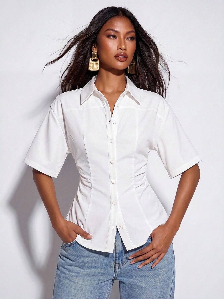 Normani Women's All White Fitted Shirt Short-Sleeved Top Stylish Versatile Summer Piece Back-To-School Everyday Commuter Modest Elegant Office Teachers' Day - White - View 1