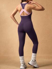 Silquee Women's Contrast Color Hollow Back Jumpsuit, Casual Fitness And Sports Wear - Bold Plum - View 4