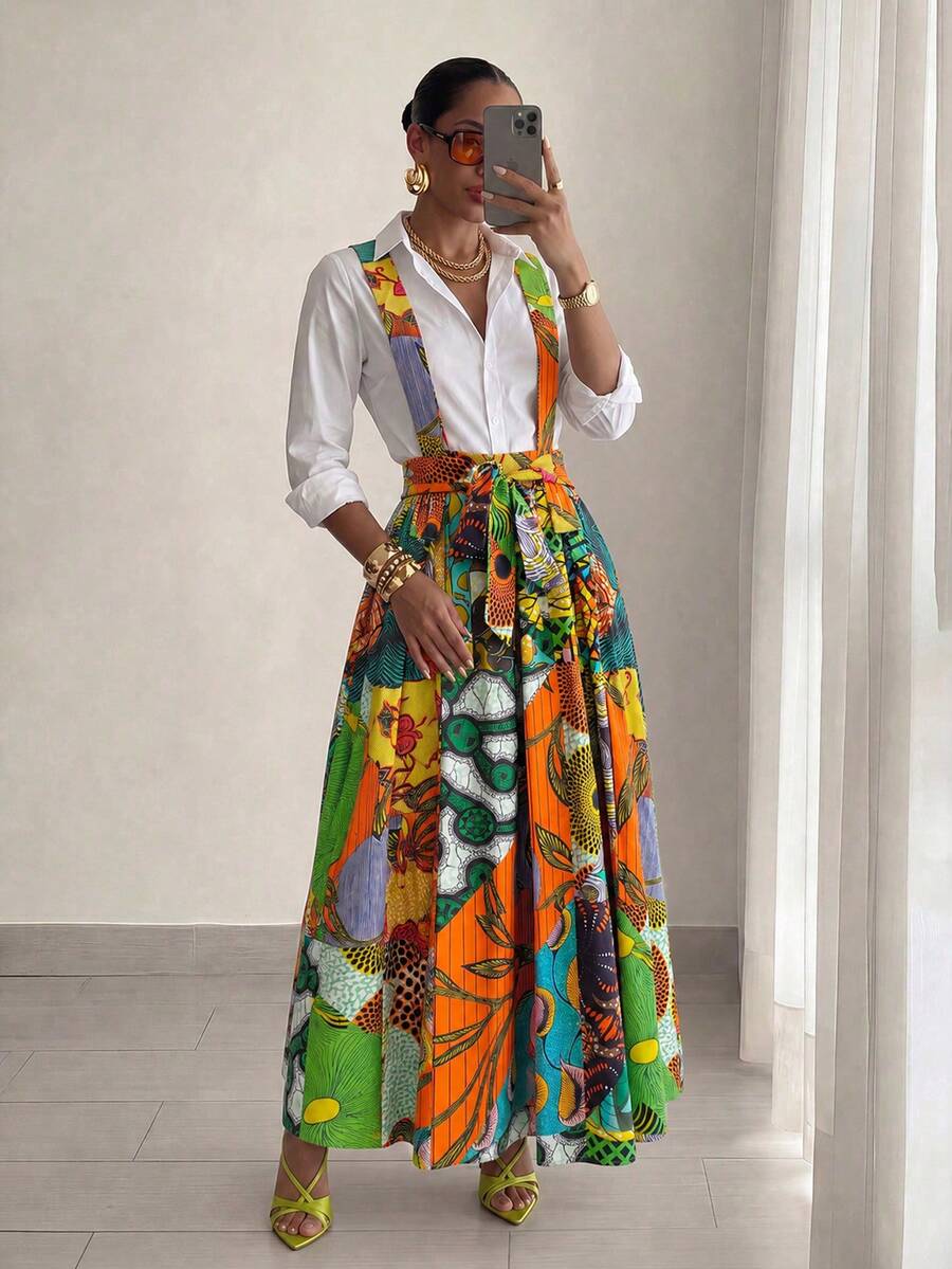 Elenzga Falda con tirantes y estampado floral de moda - Naranja Quemada - Ver 1
