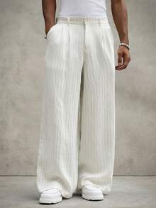 PAVTROS Pantalones de lino con rayas verticales holgados de pierna ancha para hombre - Beis - Ver 7