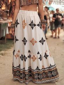 LanaWest Women's Summer Vintage Boho Floral Pattern West Casual Skirt Vacation Beige - Multicolor - View 6