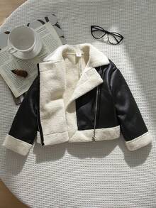 Emery Rose Kids Emery Rose Kids 女童拼色時尚拉鍊翻領PU材質秋冬夾克外套 - 黑色 - 查看 5