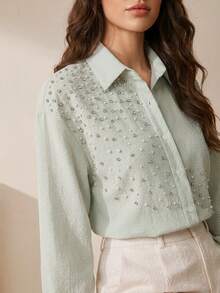 Anewsta Elegante Damen Bluse mit grünen Streifen, Perlen und Strass, vielseitig einsetzbar für Hochzeit, Party, Feiertagsoutfits - Minzgrün - Übersicht 1