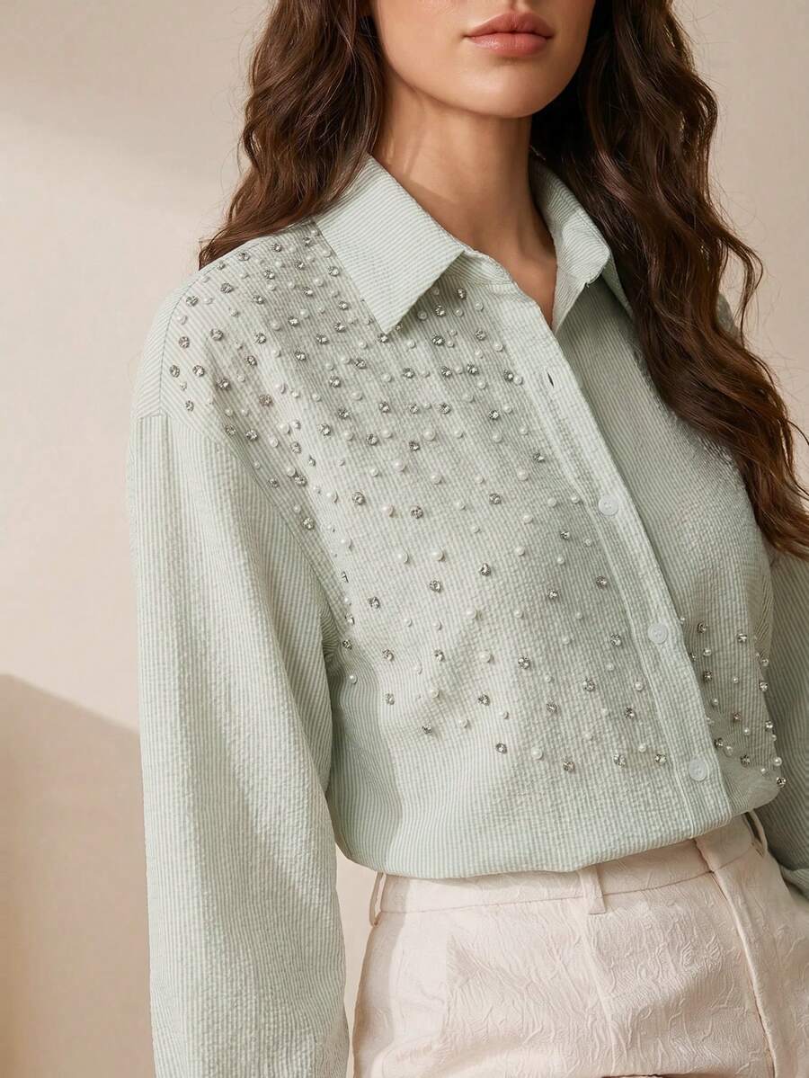 Anewsta Elegante Damen Bluse mit grünen Streifen, Perlen und Strass, vielseitig einsetzbar für Hochzeit, Party, Feiertagsoutfits - Minzgrün - Übersicht 1