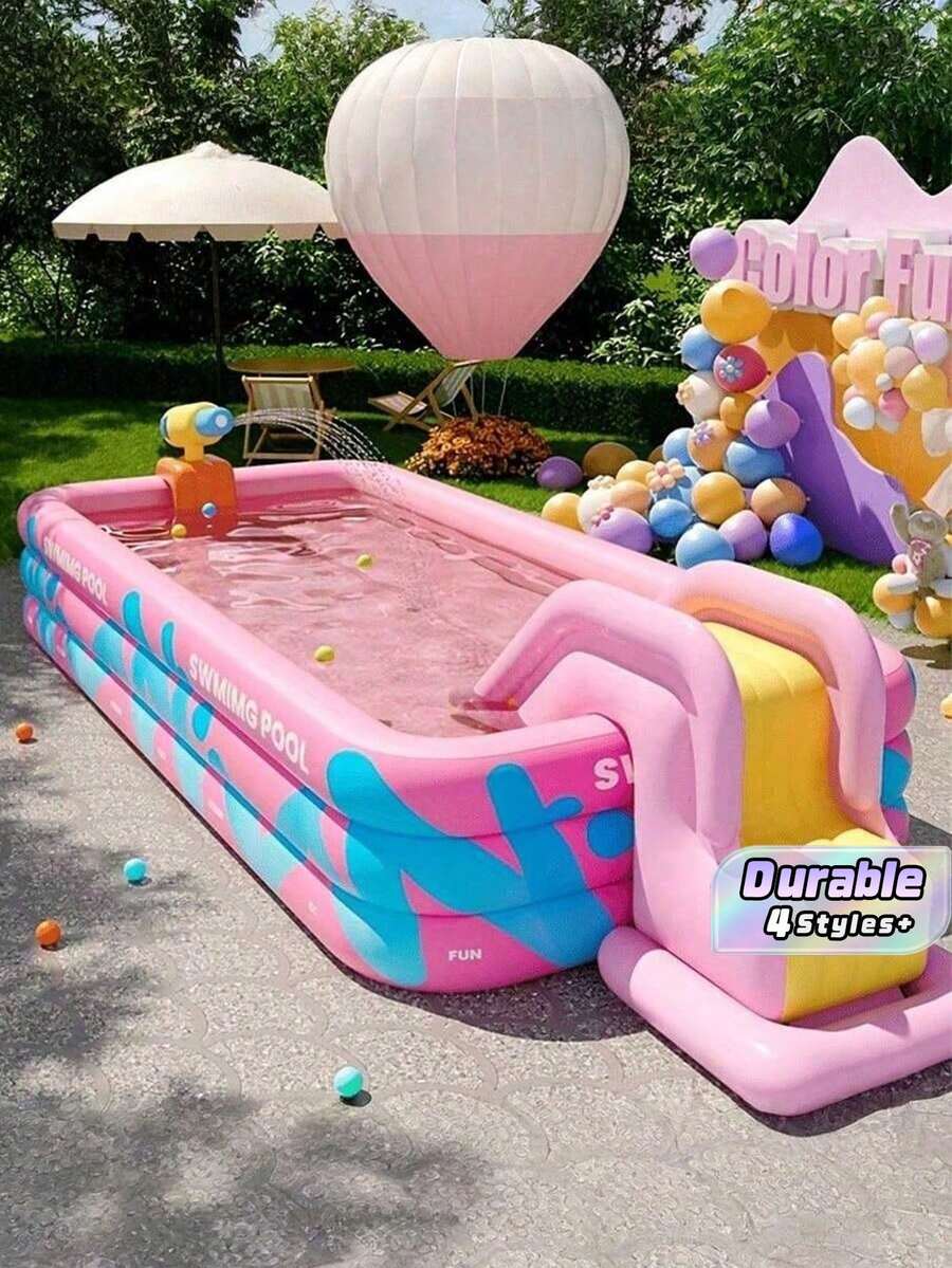 A Large Pink Inflatable Swimming Pool, Suitable For Family Use As A Swimming Pool, A Mobile Water Park, An Indoor And Outdoor Universal Water Entertainment Facility, A Party Pool, Made Of Thick And Wear-Resistant PVC Material.