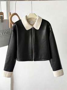 SHEIN 青少年女孩時尚街頭休閒翻領保暖內裡加厚前開拉鍊PU短版黑色夾克外套 秋冬款 - 黑色 - 查看 1