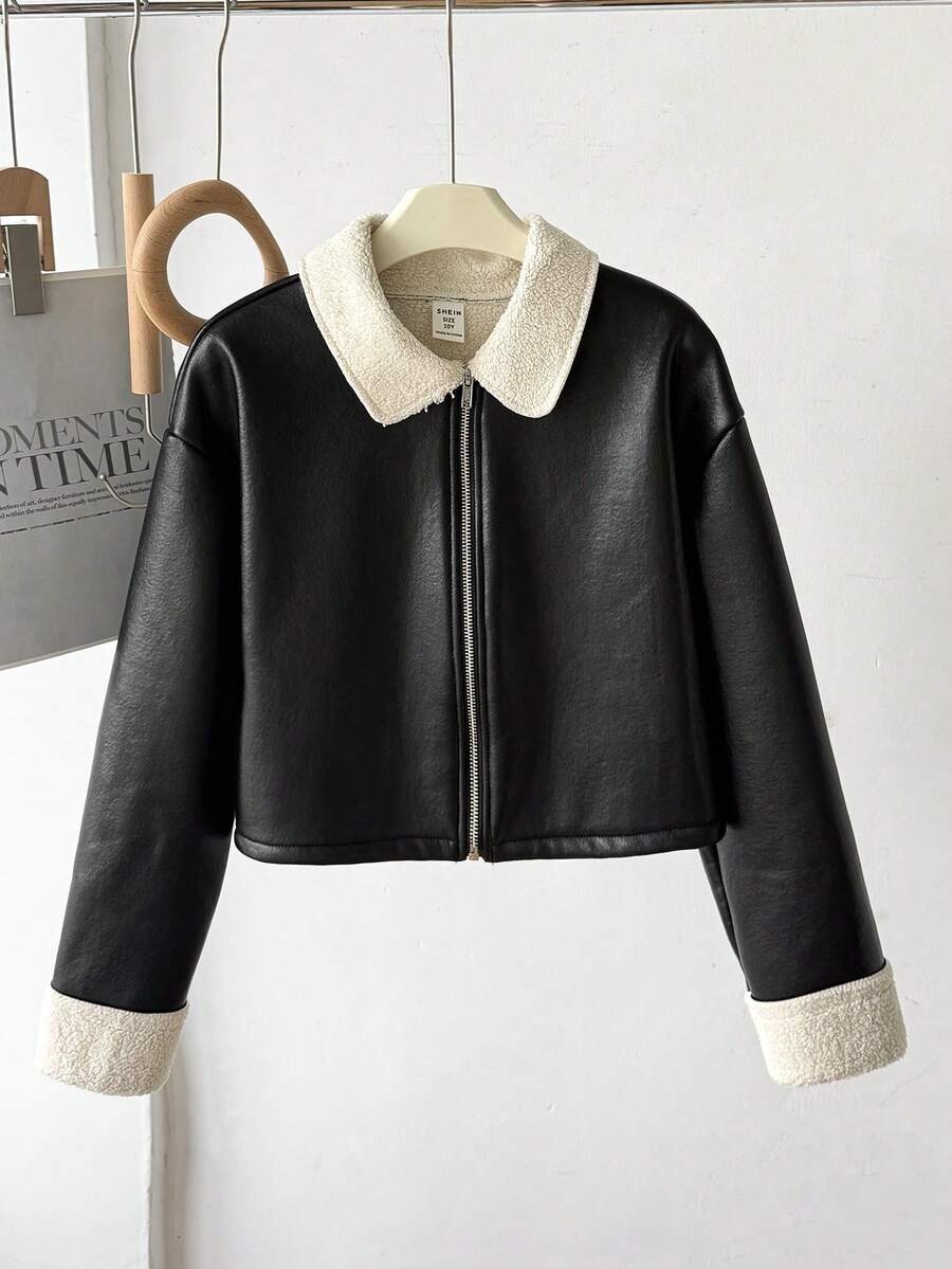 SHEIN 青少年女孩時尚街頭休閒翻領保暖內裡加厚前開拉鍊PU短版黑色夾克外套 秋冬款 - 黑色 - 查看 1