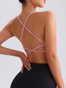 SHEIN Sports Solid Color Ribbed Lace-Up Criss-Cross Seamless Sports Bra - Pink - View 5