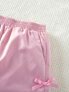 SHEIN 女童粉色秋冬彈力腰綁帶工裝長褲，附口袋與蝴蝶結設計 - 粉色 - 查看 8