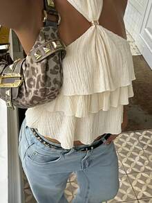 Sunnyshic Camisa de mujer con textura, hebilla metálica, volantes, cuello halter y lazo para vacaciones - Albaricoque - Ver 1