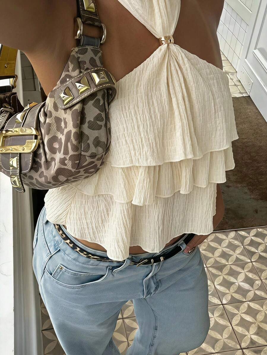 Sunnyshic Camisa de mujer con textura, hebilla metálica, volantes, cuello halter y lazo para vacaciones - Albaricoque - Ver 1