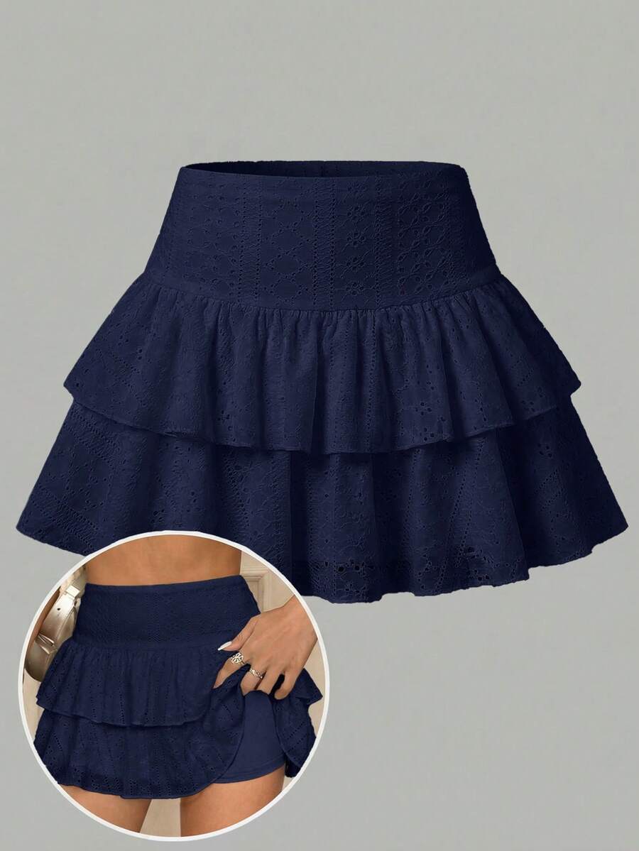 SHEIN Girlism 青少年女孩休閒藍色針織鏤空紋理抓皺A字內搭內搭褲雙層荷葉邊裙襬溜冰裙 - 藏蓝色 - 查看 1