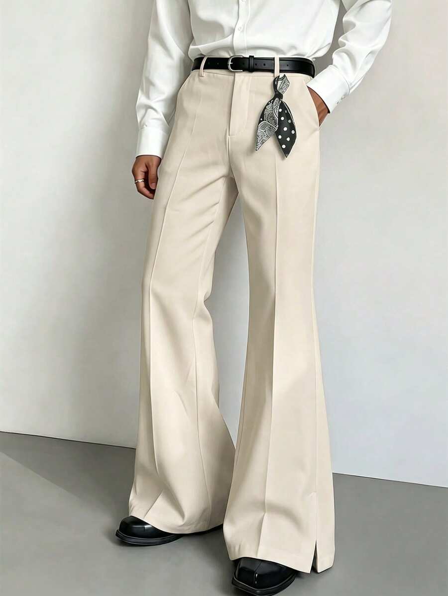 Manfinity Hypemode Pantalones casuales de hombre con acampanado y cintura media, ajuste ceñido, unicolor, con bolsillos - Albaricoque - Ver 1