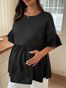 Dazy Maternity 純色小圓領寬鬆拼接抓皺短袖孕婦T恤，適合日常穿著，春夏款，黑色 - 黑色 - 查看 3