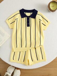 SHEIN 2pcs Kids Young Boy Summer Autumn Casual Yellow Striped Polo Knit Top And Striped Knit Shorts Sweater Set Polo Set Boys Outfit Summer Set Striped Set - Multicolor - View 2