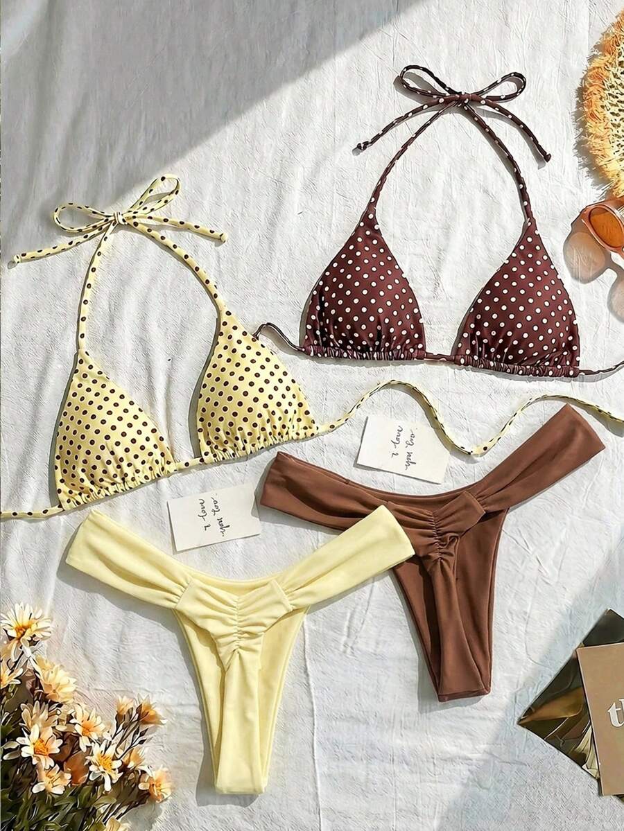 Swim Mod 女款夏季海灘波點掛脖綁帶性感比基尼三角泳褲 4 件組泳衣套裝 - 彩色 - 查看 1
