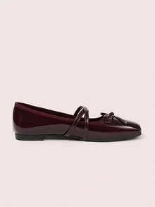 CUCCOO DOLLMOD Women's Ballet Flats, Crossed Bow Square Toe Flat Bottom Low Heel French Retro Glossy Mary Jane Shoes Commuter Dating Versatile Shoes Fall Shoes - Burgundy - View 6
