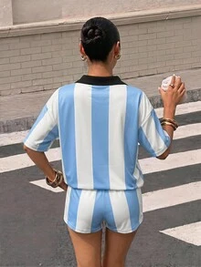 Muchica 女款阿根廷國家足球隊球衣套裝， Polo 上衣與短褲，復古街頭風寬鬆，學院風，經典時尚，藍白條紋 - 彩色 - 查看 2