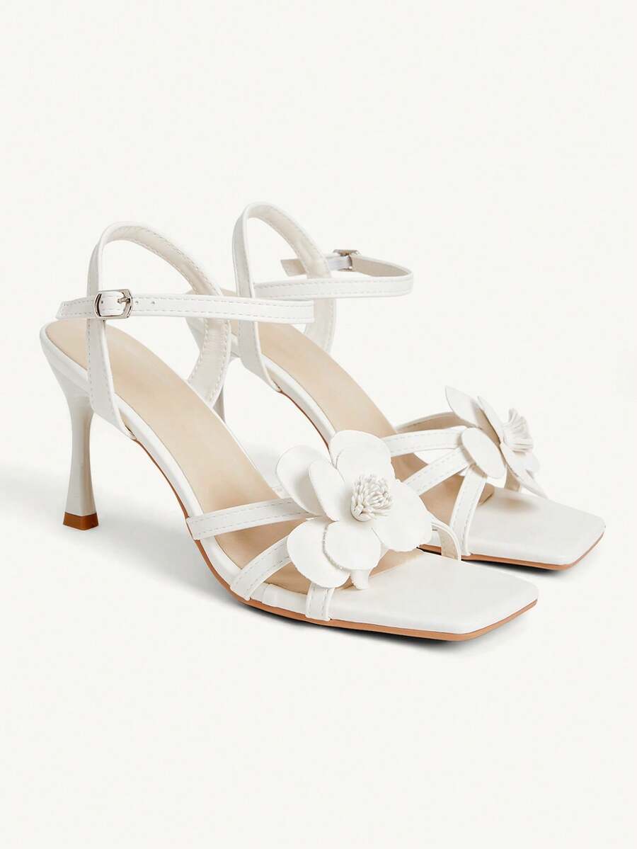 CUCCOO CHICEST Women Shoes Multi-Color Three-Dimensional Flower Square Toe Stiletto Buckle Sandals Gentle Lady Style Spring And Summer Models Suitable For Dating - White A - View 1