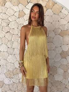 Aloruh Women's Spring/Summer New Gold Color Flowy Tassel Backless Mini Dress Suitable For Party Night Out, Evening, Y2K Sexy, Hot Girl - Champagne - View 4
