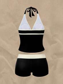 Swim Vcay 2026 Frühling/Sommer Neue Große Größen Einteiliger Schwarzer Tiefer V-Ausschnitt Schulterträger Digitaldruck Design Damen Bikini Badeanzug Oberteil, Lässig für Strand und Urlaubskleidung - Verschiedenfarbig - Übersicht 2