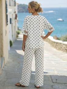 EMERY ROSE Women's Autumn Long Sleeve Shirt And Wide Leg Pants Set - White - View 2
