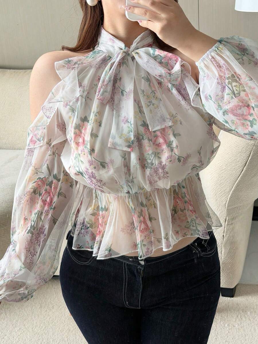 Dazy Plus Plus Size Women's Spring/Summer Blouse With Half-High Neck, Cutout Shoulder, Sexy Sweet All-Over Floral Print, Ruffle Hem And Patchwork - White - View 1
