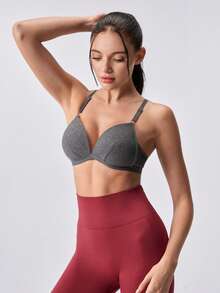 Loungeista 1 pièce de soutien-gorge sans fil à rayures de couleur unie pour femmes, confortable et ajusté, avec des bretelles réglables, de qualité stable, simple et décontracté, soutien-gorge/sous-vêtement anti-affaissement pour tous les jours - Gris foncé - Voir 4