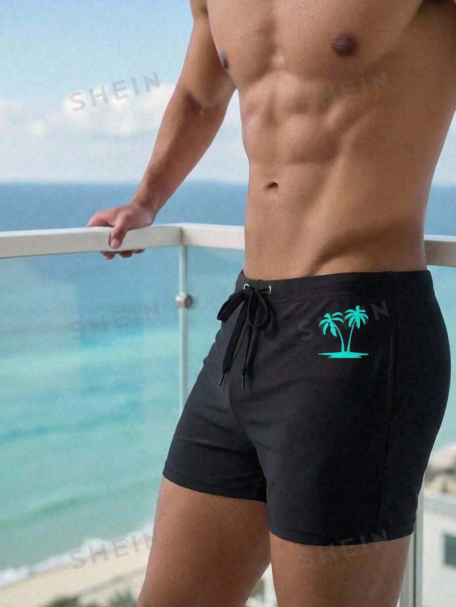 Surfspeed 男士椰子樹印花鬆緊腰休閒熱帶度假風沙灘泳褲 黑色 夏季度假款 - 彩色 - 查看 1
