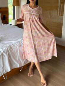DAZY Women's Floral Print Short Sleeve Nightgown - Pink - View 5