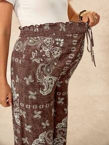 Boho Mama Pantalones largos de maternidad con patrón de anacardo, volantes y lazo en la cintura para vacaciones - Marrón - Ver 10