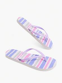 Grefit Sandalias de chanclas con estampado de leopardo, zapatos de triángulo para vacaciones de verano en la playa, pantuflas cómodas para usar en casa - Rayas moradas - Ver 10
