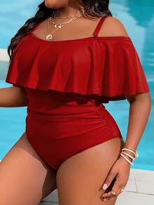Slaydiva Plus Size Women's Ruched One-Piece Swimsuit, Suitable For Beach Vacation, Pool Party, Beach Party - Red - View 4