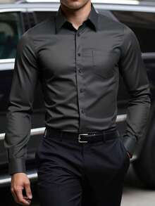 Manfinity Mode Men's Plus Size Business Casual Front Button Long Sleeve Shirt, For Fall, Formal, Ceremony - Dark Grey - View 1