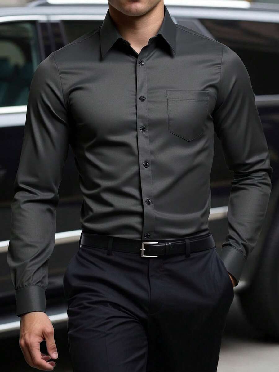 Manfinity Mode Men's Plus Size Business Casual Front Button Long Sleeve Shirt, For Fall, Formal, Ceremony - Dark Grey - View 1