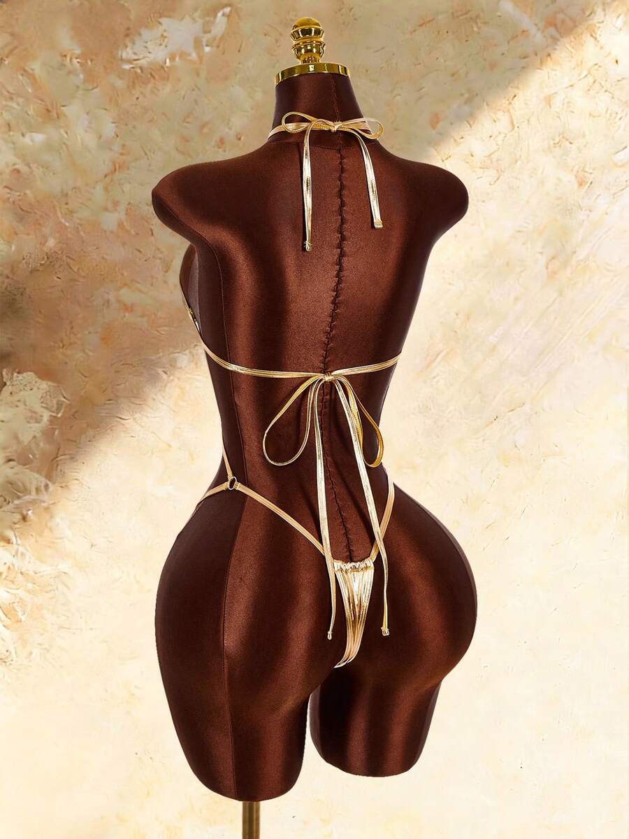 Amplova 女款一件式泳衣,性感前衛可愛迷你風,交叉掛脖設計,性感露背細節搭配水鑽裝飾,亮麗閃耀,適合度假穿著 - 金色 - 查看 1