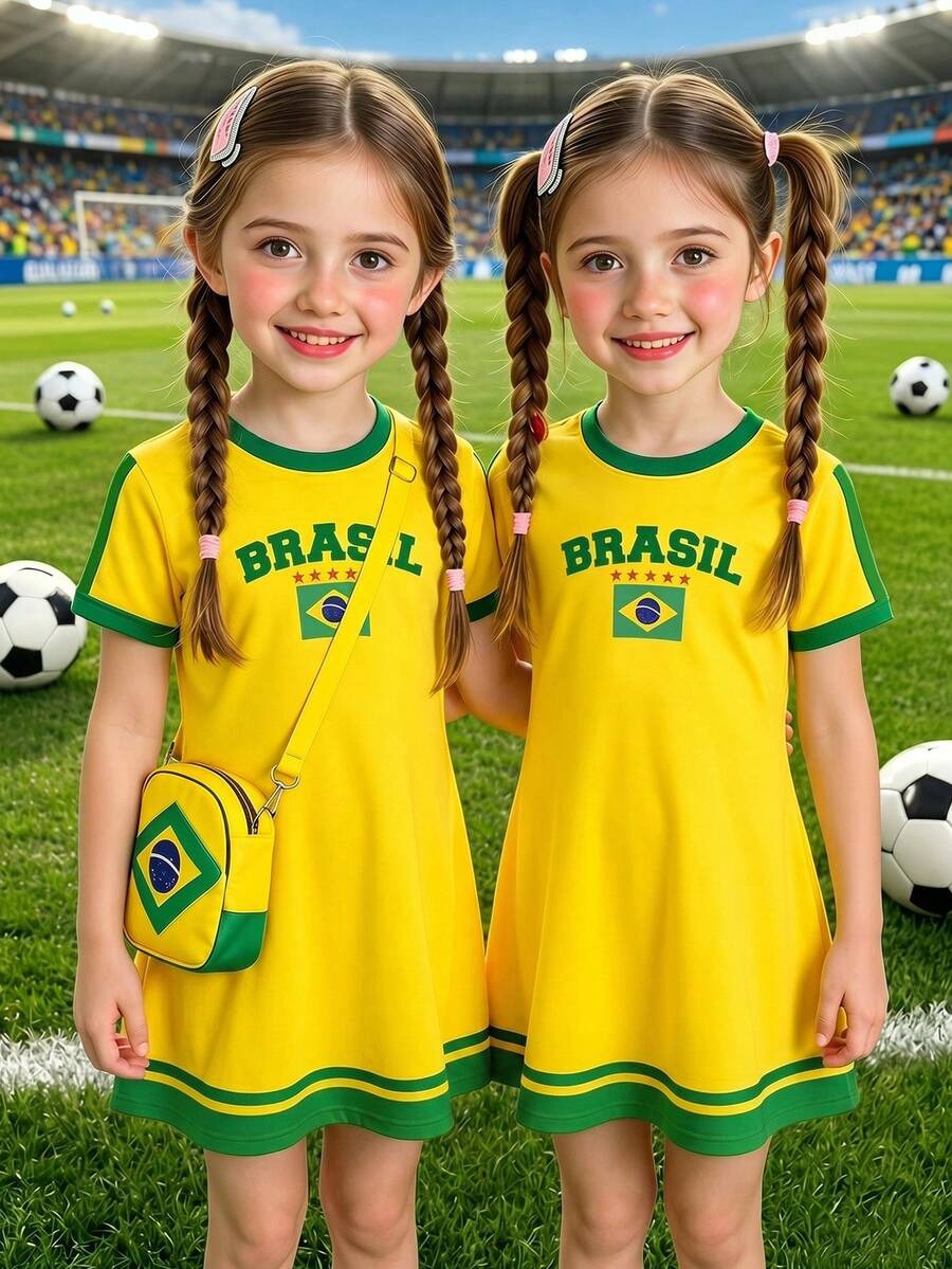 女童洋裝,鮮豔陽光黃,黃金海岸,復古時尚綠配 BRAZIL 字樣,對比領口,適合春夏季日常穿著、活動、世界盃賽事、度假,輕鬆舒適,時尚休閒服飾,兒童復古運動字母圖案,新風格,返校季節 - 彩色 - 查看 1