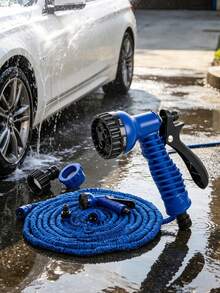 The Blue Telescopic Elastic Hose, Equipped With An Adjustable Nozzle, Is Suitable For Car Washing, Lawn Watering, Plant Care, And Pet Bathing. It Can Be Used All Year Round And Is Made Of Hose And Connector. - Blue - View 2