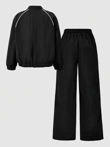 SHEIN 青少年女孩秋季套裝 2件/套 時尚休閒運動風 黑色立領夾克與長褲套裝，時尚俐落 - 黑色 - 查看 2