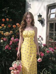 Skyraze Women Bowknot Strap Floral Print Long Dress For Summer,Graduation Dress,Modest Cottage Dresses Picnic Vacation Purple And Yellow.Halloween. School. - Pale Yellow - View 7