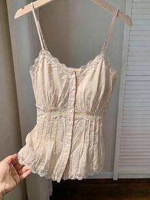CovetEZ 大尺碼夏季休閒純色蕾絲飾邊前開扣細肩帶背心 - 杏色 - 查看 7
